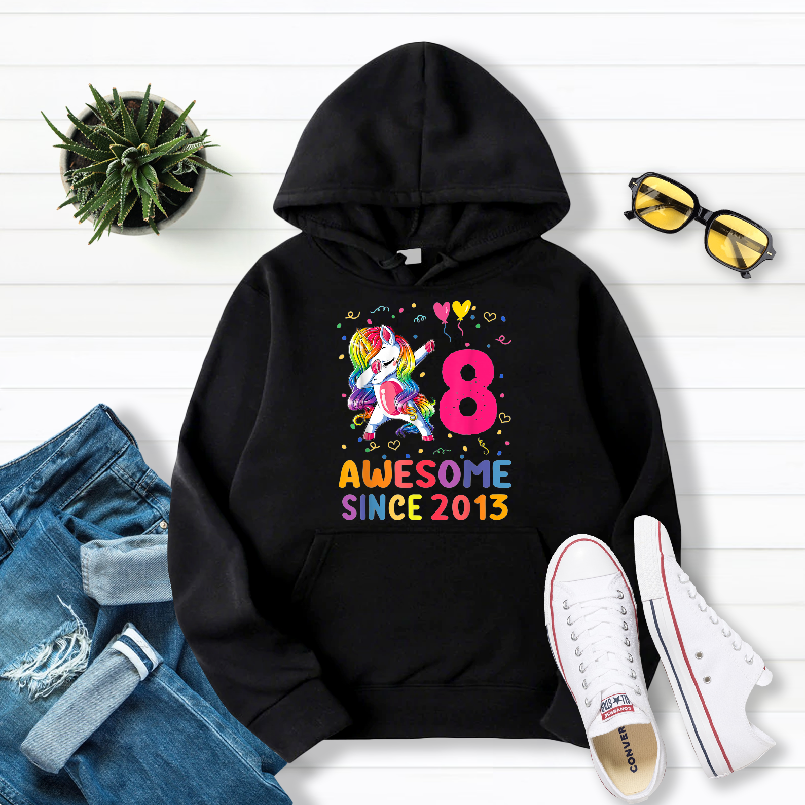 Awesome 8th Birthday Gifts 2013 Unicorn Dabbing Girls Pullover Hoodie Black S-5XL