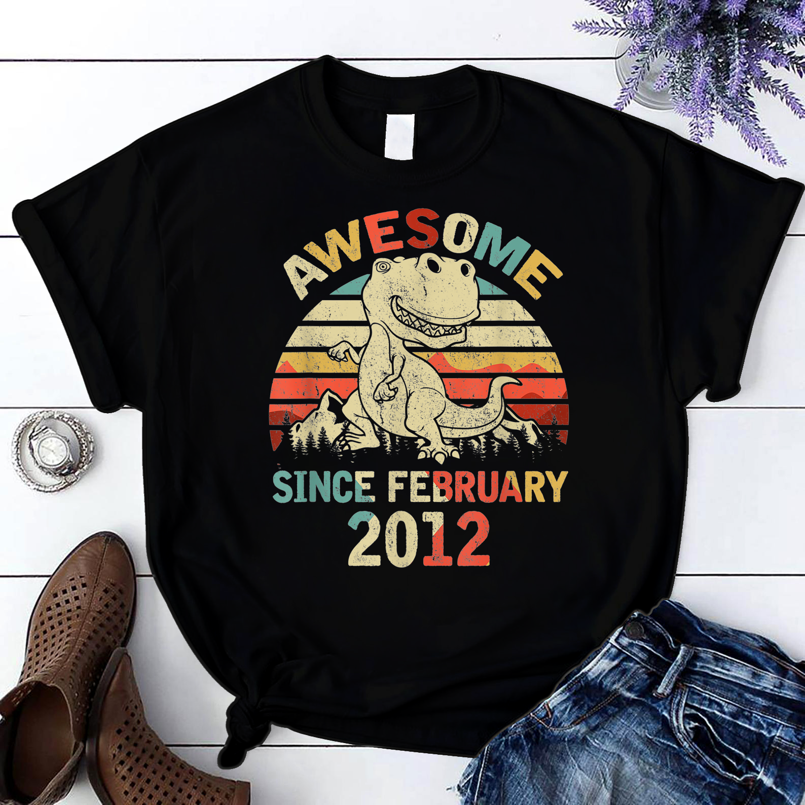 Awesome Since February 2012 8Th Dinosaur Birthday For Boys T Shirt Black Unisex S-6Xl