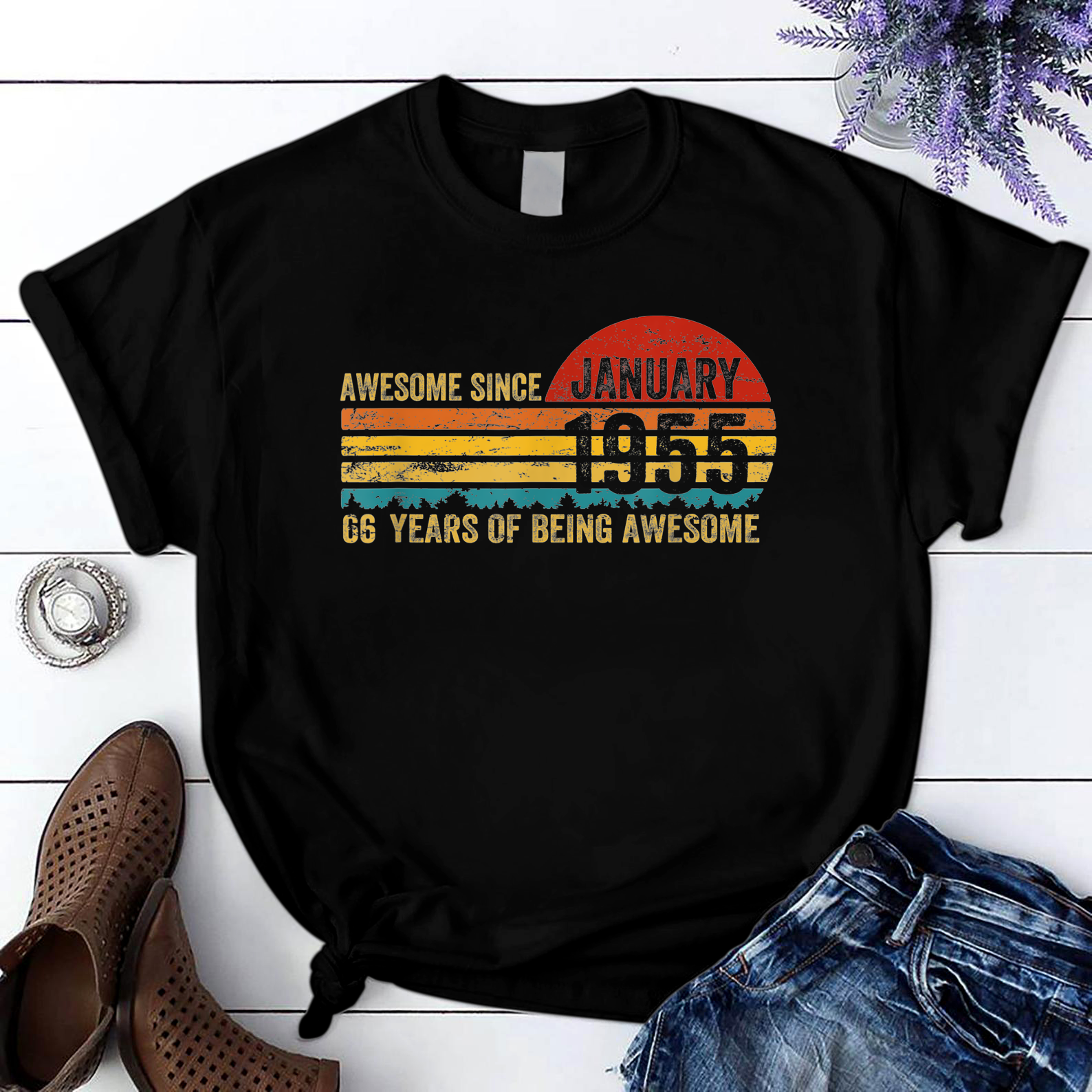 Awesome Since January 1955 66Th Birthday Gift 66 Years T Shirt Black Unisex S-6XL