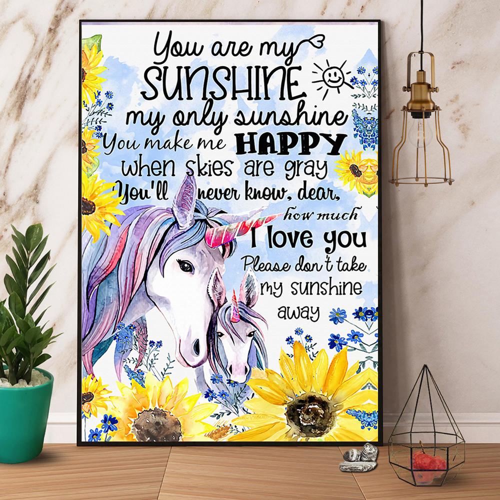 Baby Unicorn Sunflower You Are My Sunshine I Love You Satin Poster Portrait No Frame