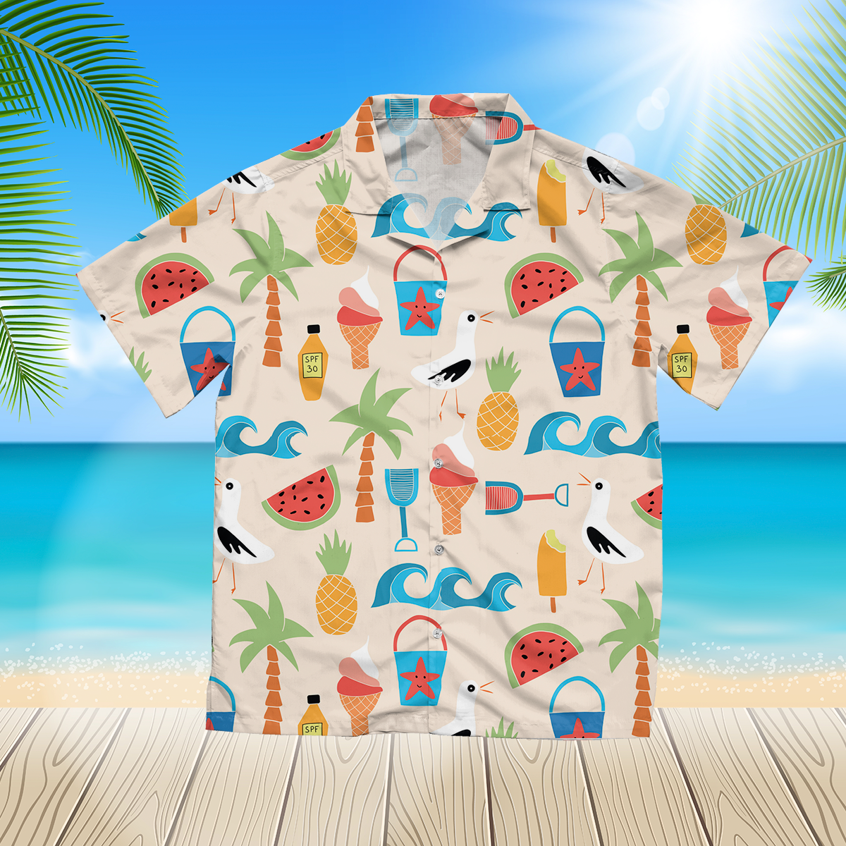 Background beach icons flat seamless 3d blue hawaii shirt