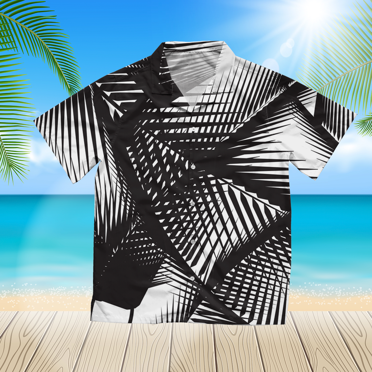 Background pattern palm leaves 3d Black hawaii shirt