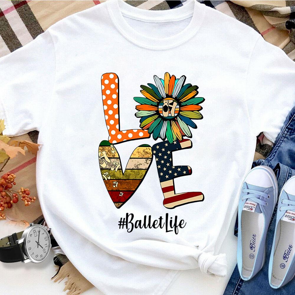 Ballet Sunflower American Flag Love Ballet Life Women T Shirt White S-3XL