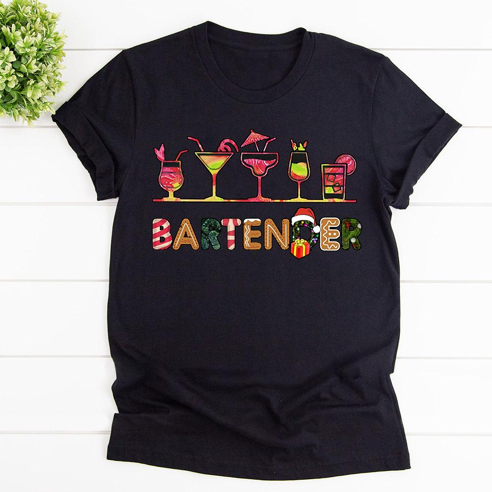 Bartender Christmas Season Coming Multicolor Cocktails Santa Hat T Shirt Black Unisex S-6XL