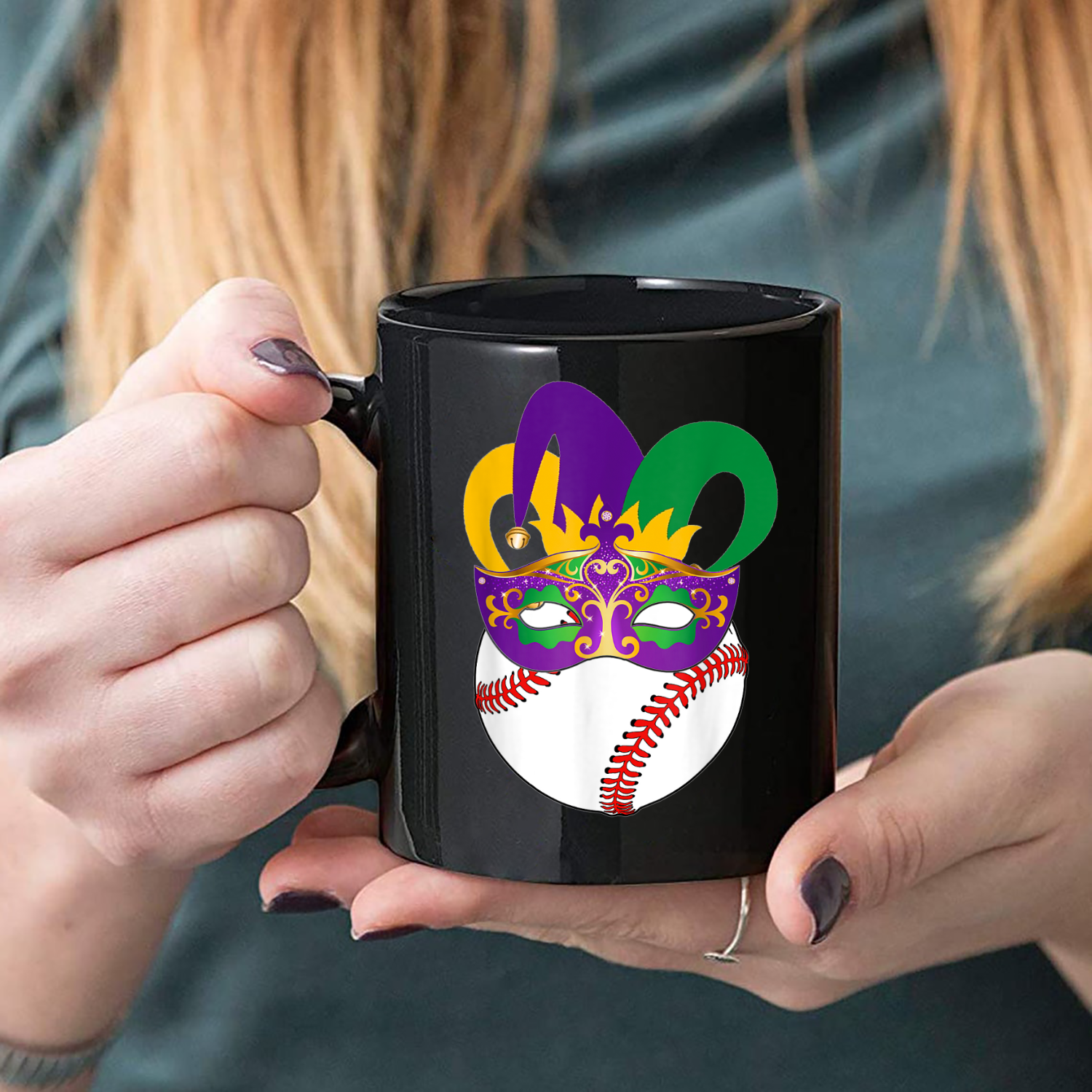 Baseball Wearing Mardi Gras Carnival Mask Baseball Lover Mug Black Ceramic 11-15oz Coffee Tea Cup