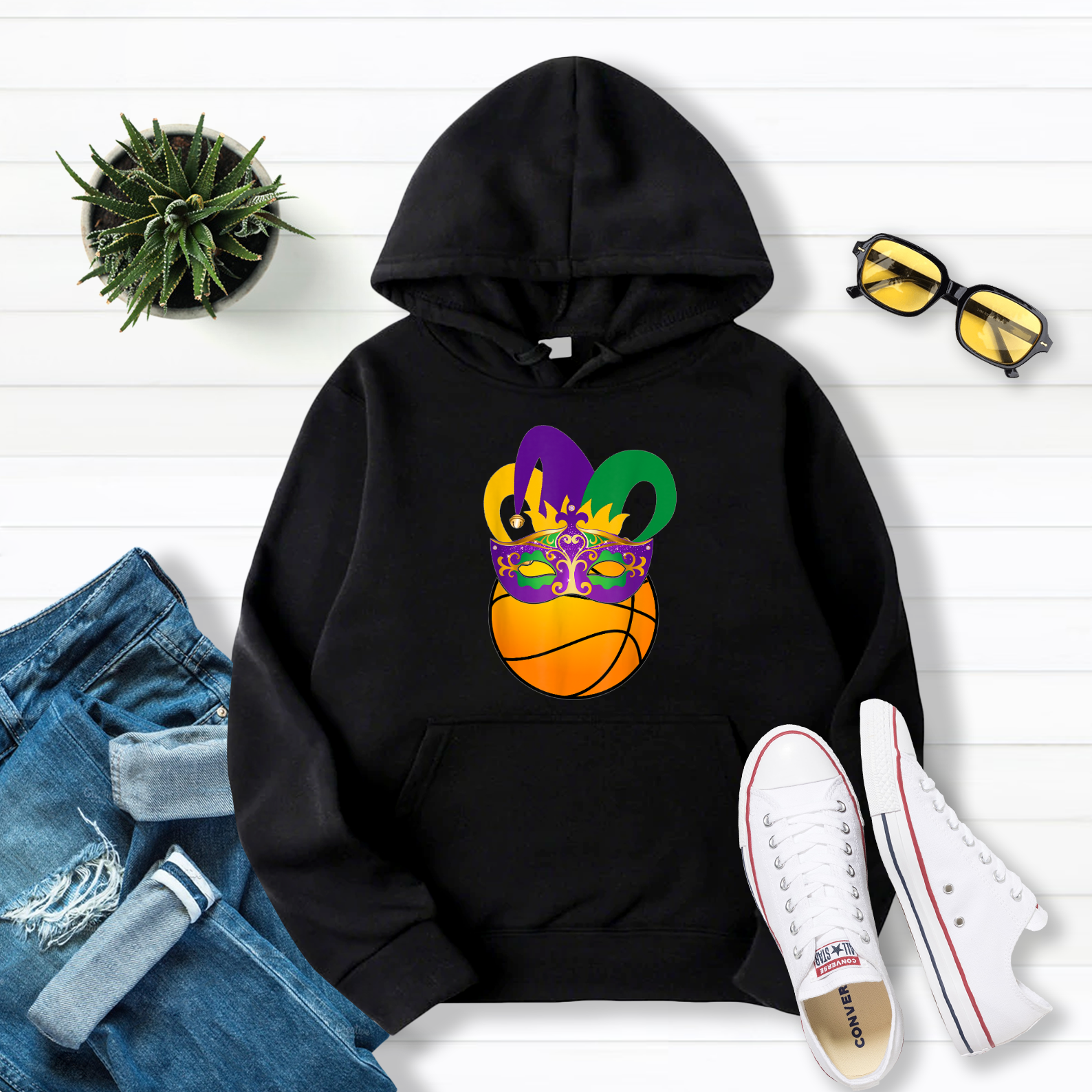 Basketball Wearing Mardi Gras Carnival Basketball Lover Pullover Hoodie Black S-5XL