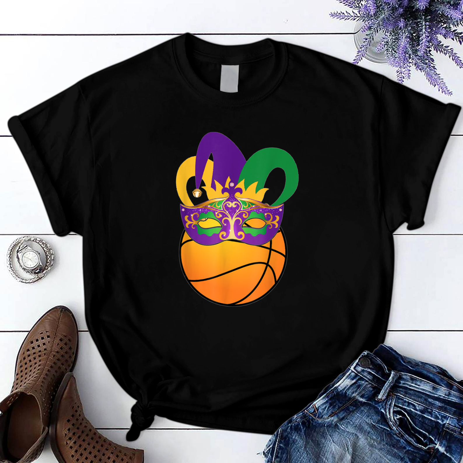 Basketball Wearing Mardi Gras Carnival Basketball Lover T Shirt Black Unisex S-6Xl