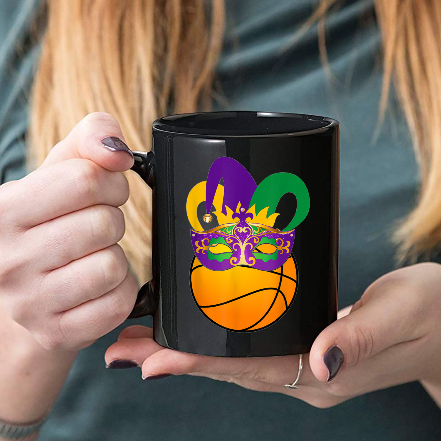 Basketball Wearing Mardi Gras Carnival Mask Basketball Lover Mug Black Ceramic 11-15oz Coffee Tea Cup