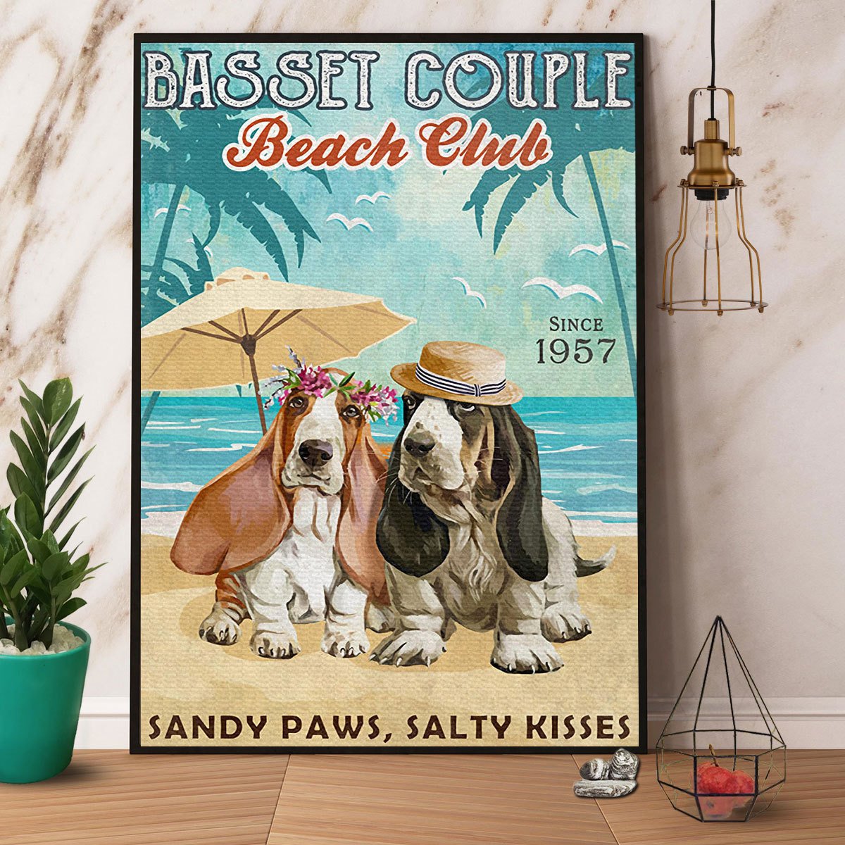 Basset Couple Beach Club Sandy Paws Salty Kisses Satin Poster Portrait No Frame