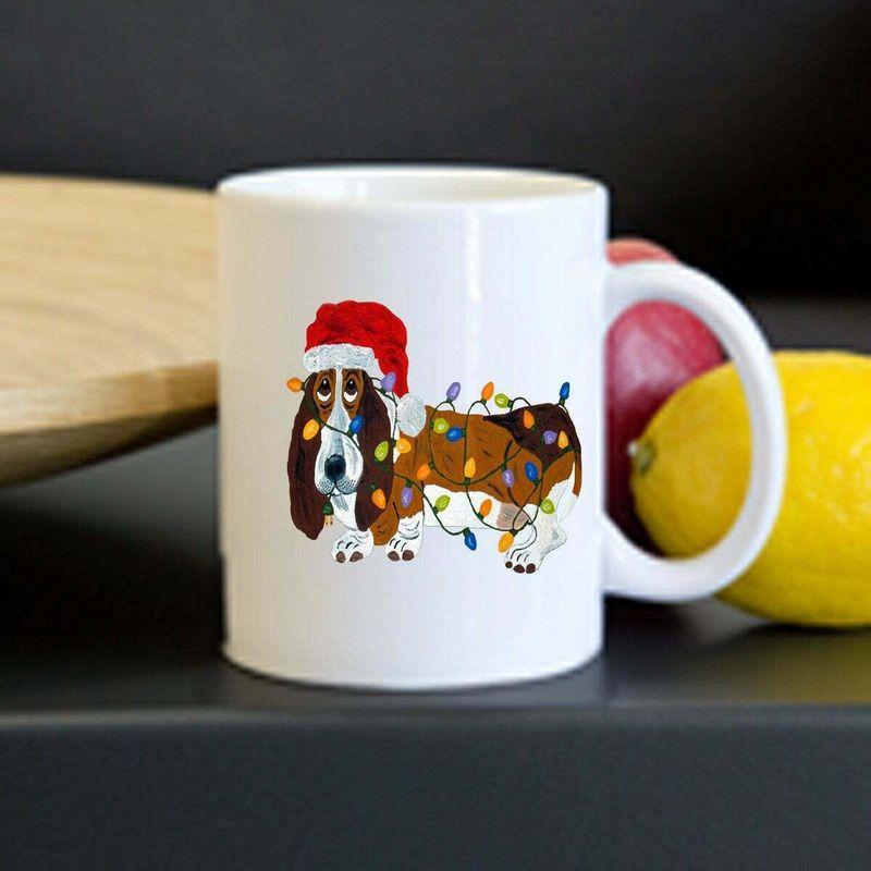 Basset Hound Basset Tangled In Christmas Lights Basset Christmas Mug White Ceramic 11-15oz Coffee Tea Cup