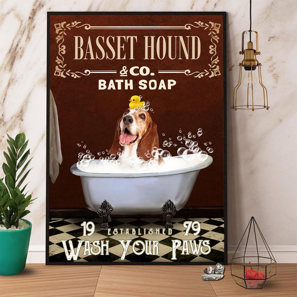 Basset Hound & Co. Bath Soap Wash Your Paws Dog Satin Poster Portrait No Frame