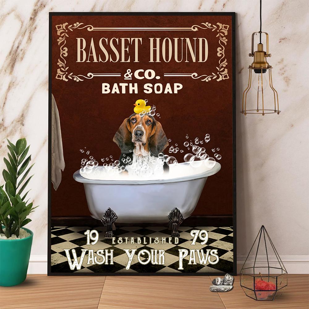 Basset Hound & Co. Bath Soap Wash Your Paws Dog Satin Poster Portrait No Frame