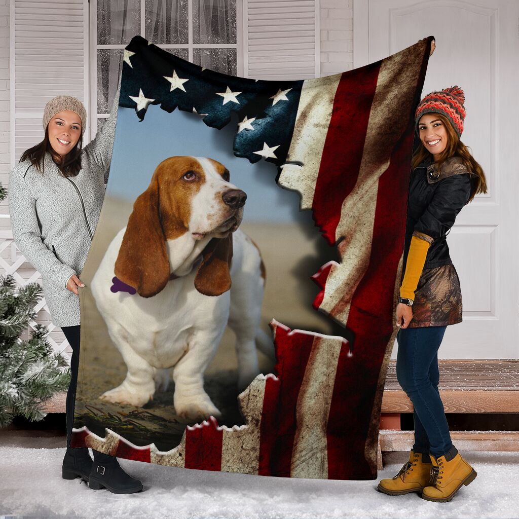 Basset Hound Premium Blanket Behind The Flag Fleece Blanket