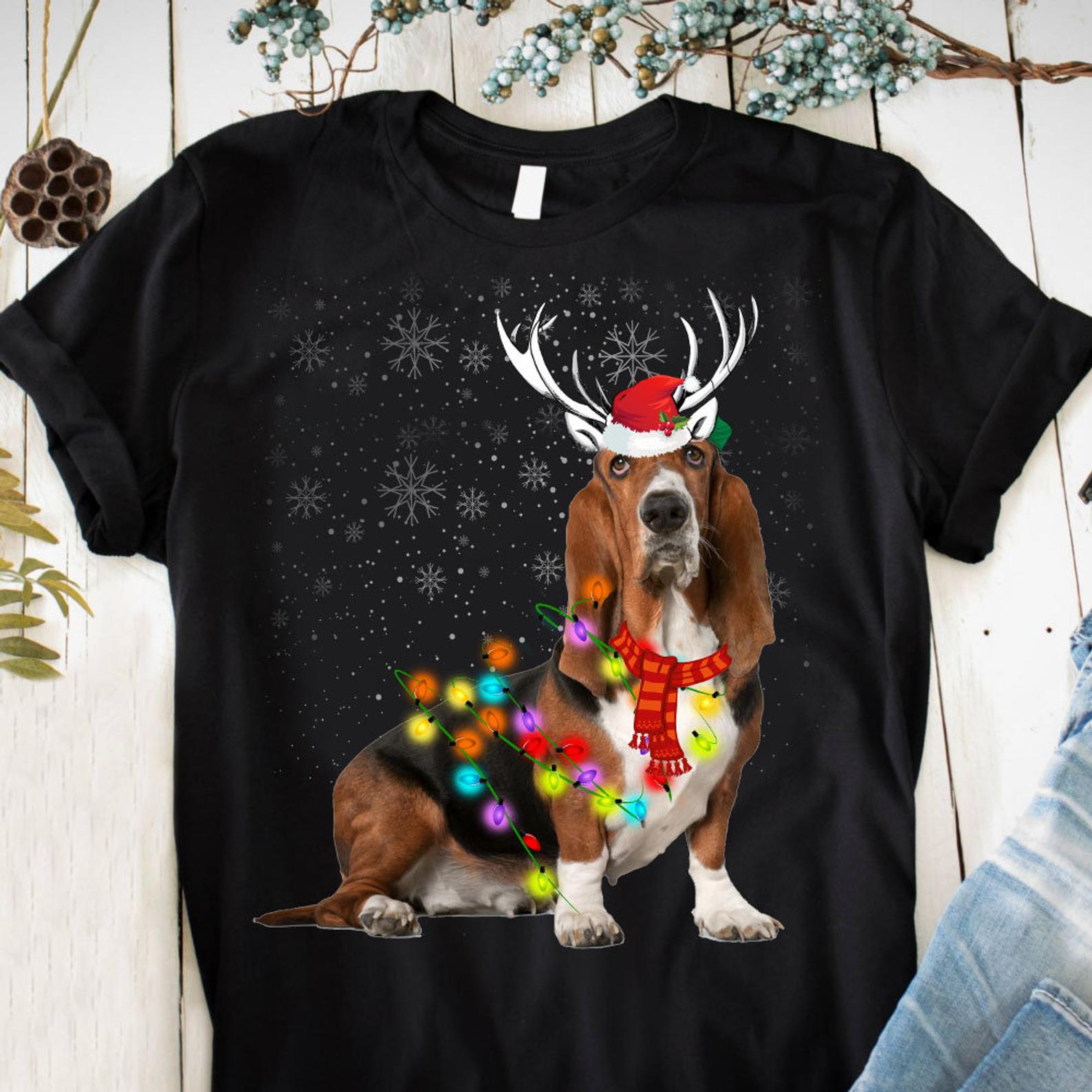 Basset Hound Reindeer Christmas T Shirt Black Unisex S-6XL