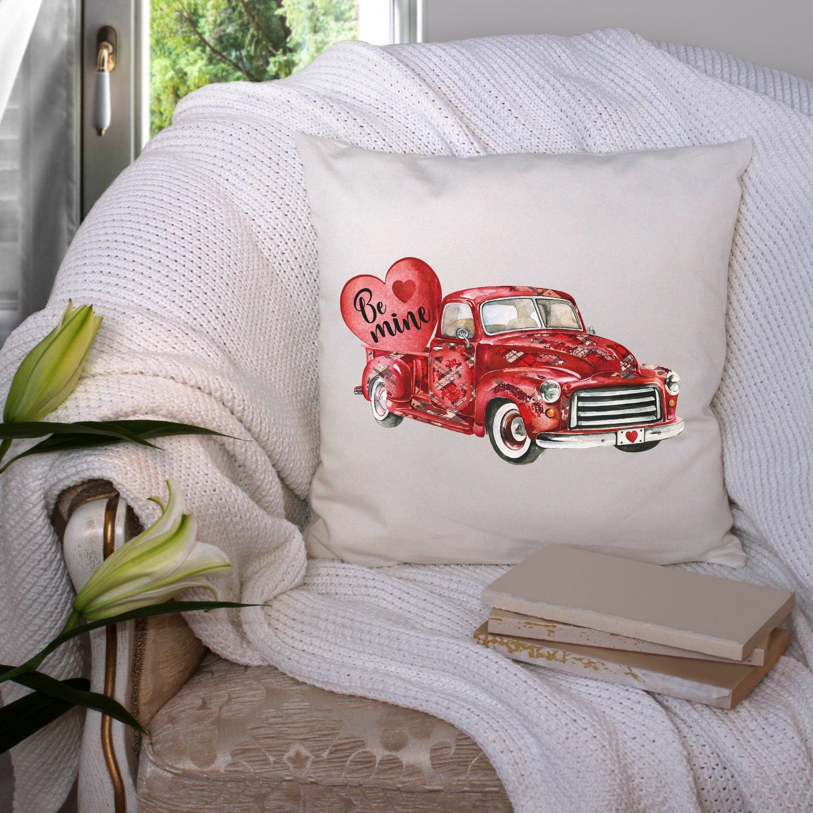 Be MINE Red Truck with Balloon - Valentine Pillow Cover, Valentines Day Gifts