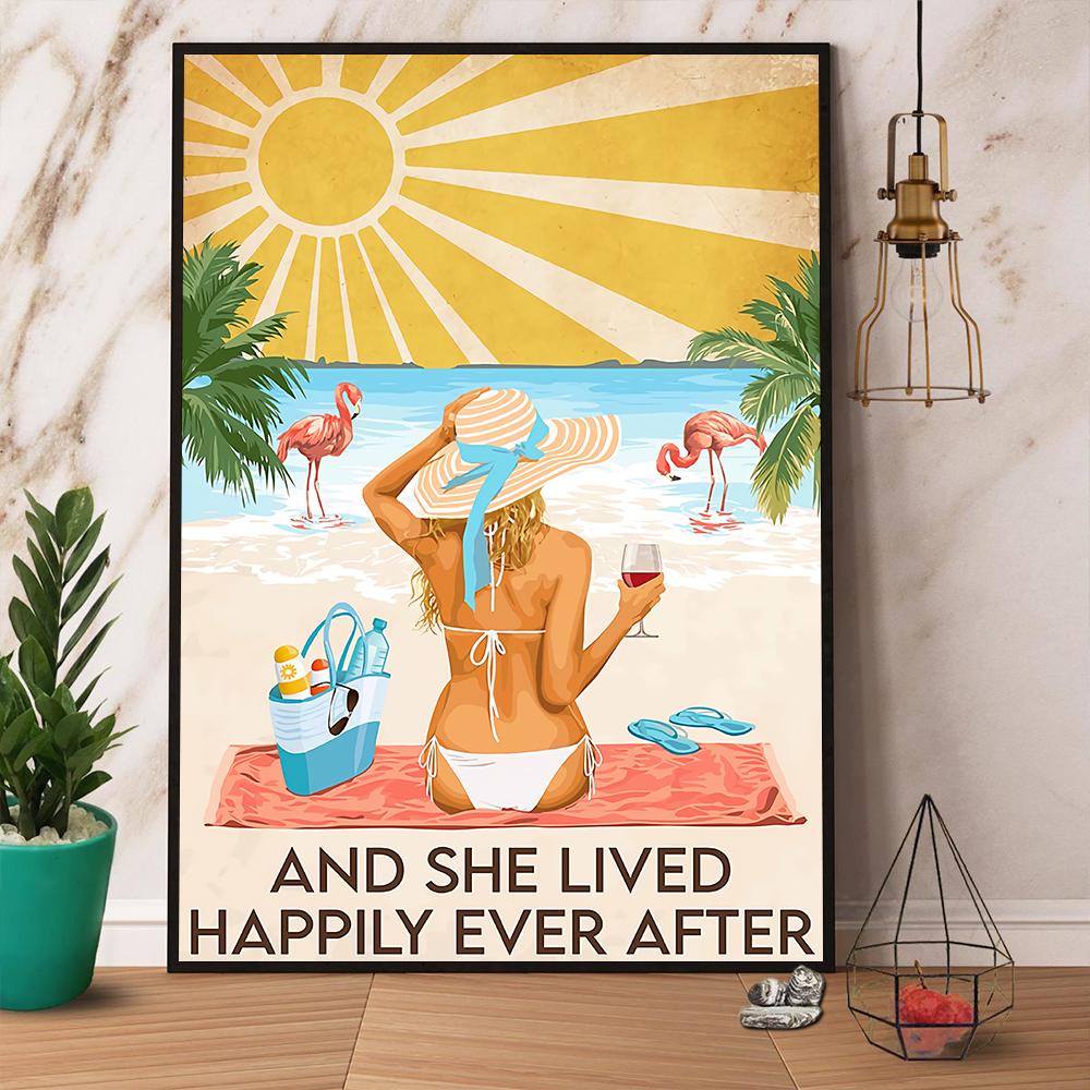 Beach Flamingo And She Lived Happily Ever After Satin Poster Portrait No Frame