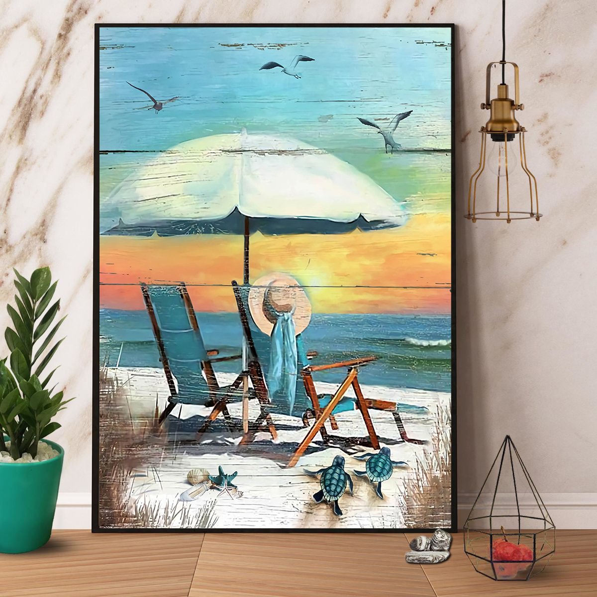 Beach Girl And Turtle Satin Poster Portrait No Frame