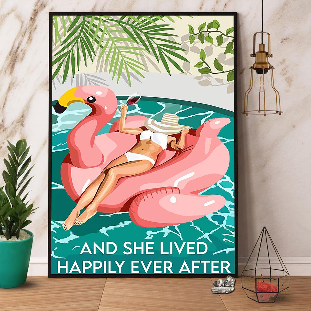 Beach Girl Flamingo And She Lived Happily Ever After Satin Poster Portrait No Frame