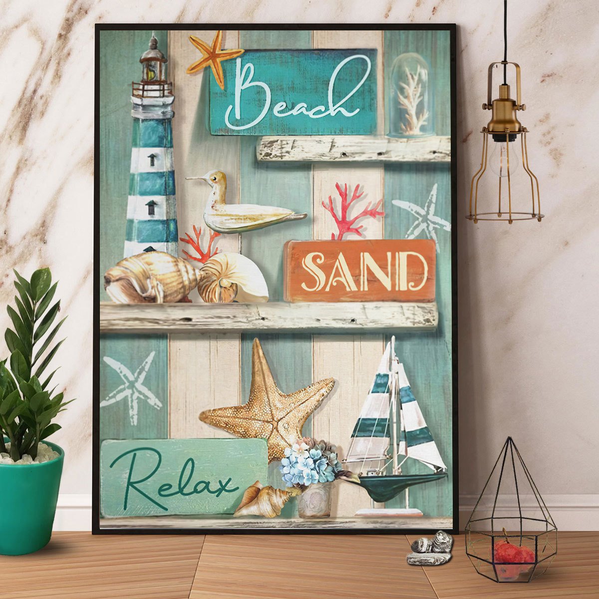 Beach Sand Relax Lighthouse Boat Seastar Coral Helmet Shells Satin Poster Portrait No Frame