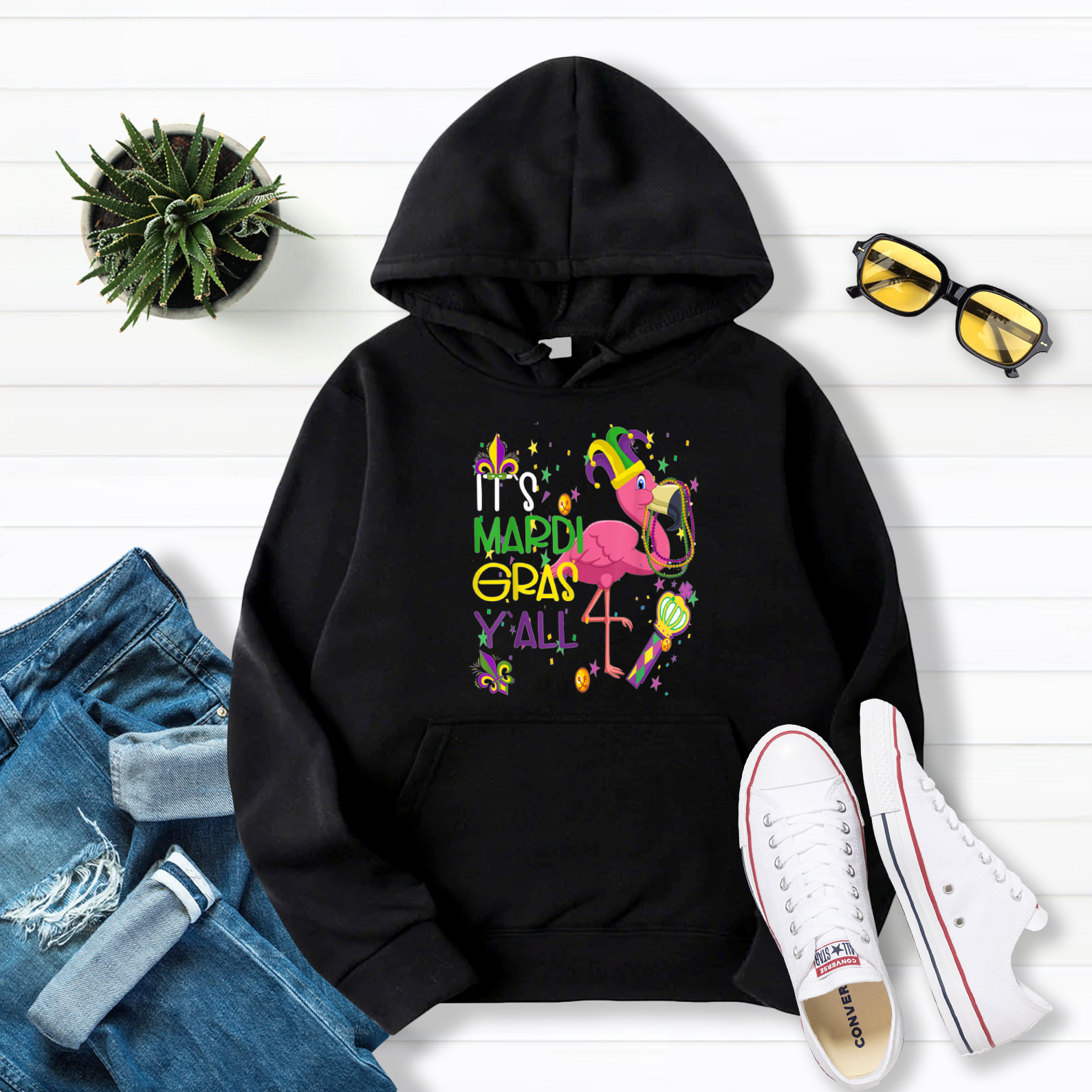 Beads It 'S Mardi Gras Y 'All Jester Flamingo Pullover Hoodie Black S-5XL