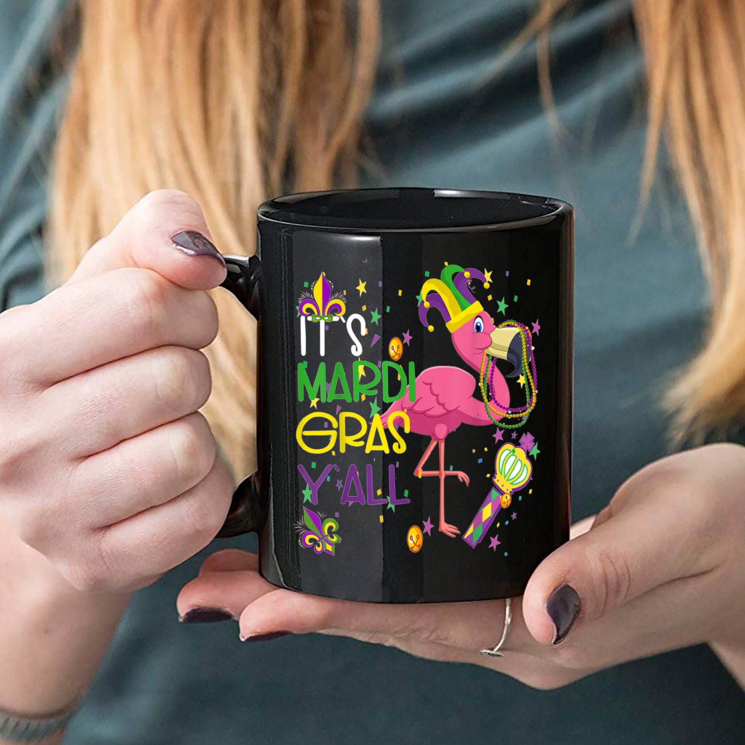 Beads It'S Mardi Gras Y'All Jester Flamingo Mug Black Ceramic 11-15oz Coffee Tea Cup