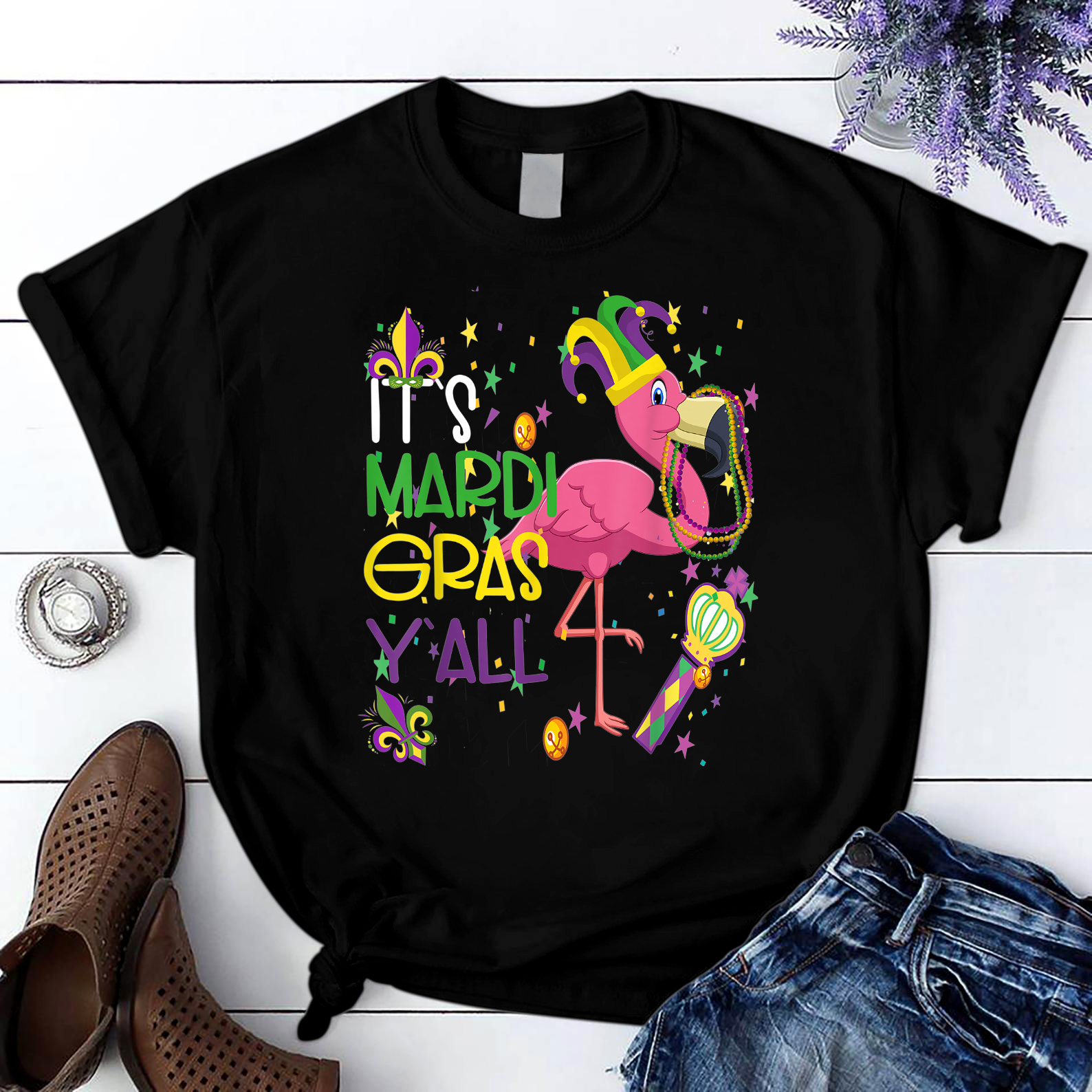 Beads It'S Mardi Gras Y'All Jester Flamingo T Shirt Black Unisex S-6Xl