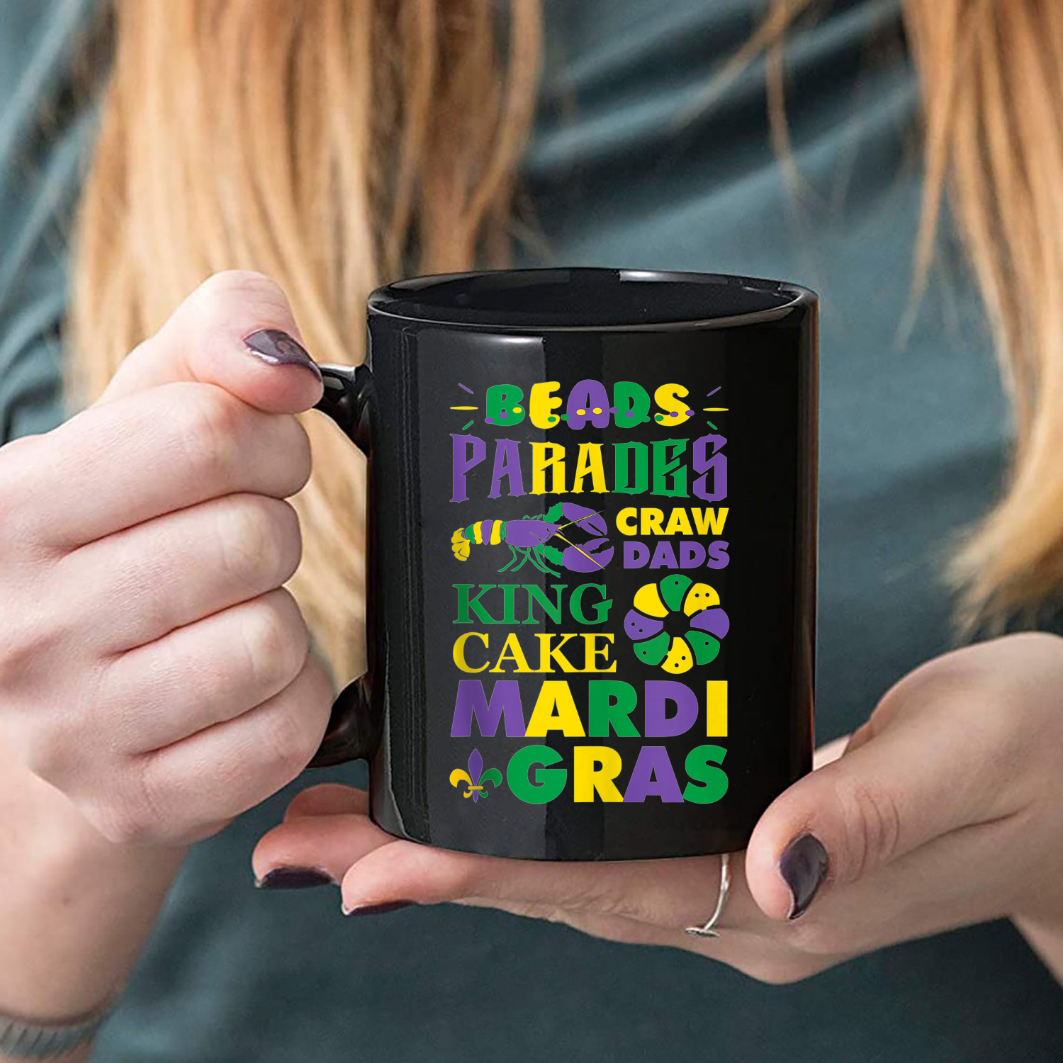 Beads Parade Craw Dads King Cake Mardi Gras Mug Black Ceramic 11-15oz Coffee Tea Cup