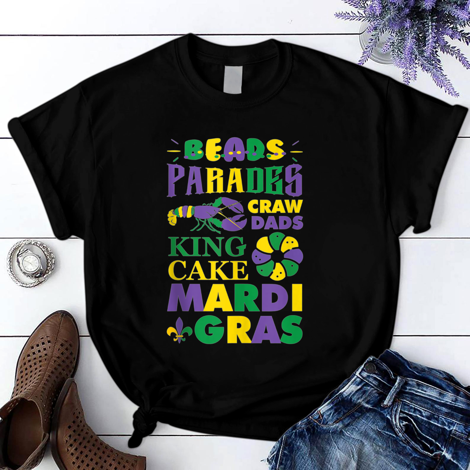 Beads Parade Craw Dads King Cake Mardi Gras T Shirt Black Unisex S-6Xl