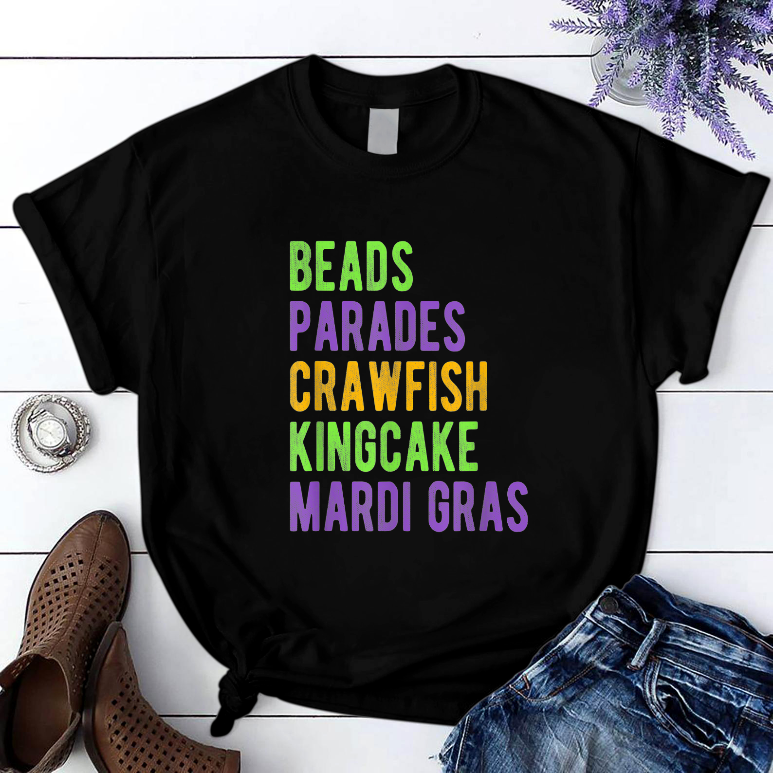 Beads Parades Crawfish Kingcake Mardi Gras T Shirt Black Unisex S-6Xl