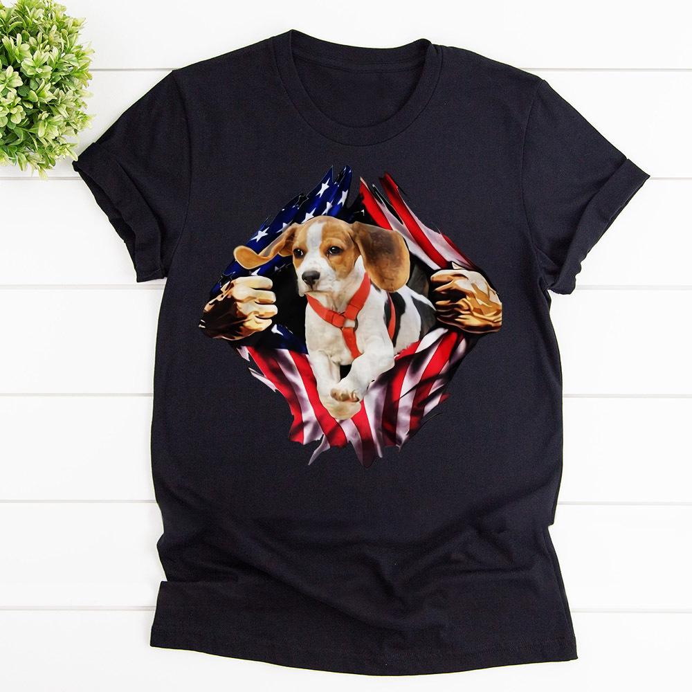 Beagle American Flag Chest Dog Lovers Patriot Cotton T Shirt Black Unisex S-6XL