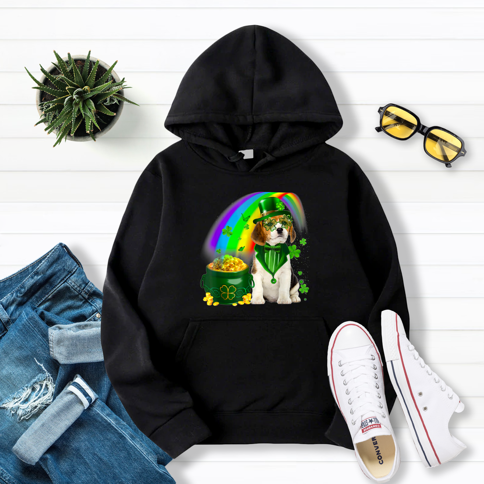 Beagle Dog Irish Leprechaun Saint St Patrick Day Pullover Hoodie Black S-5XL