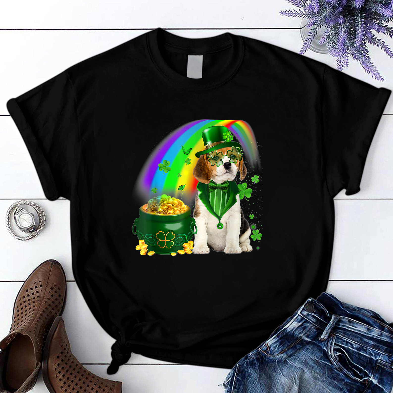 Beagle Dog Irish Leprechaun Saint St Patrick Day T Shirt Black Unisex S-6Xl