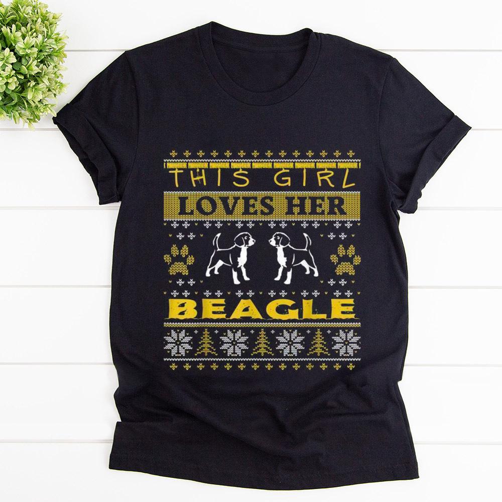 Beagle dogs ugly christmas This Girl loves her beagle dog paw merry christmas T Shirt Black Unisex S-6XL