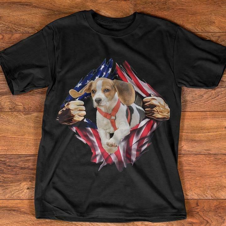 Beagle Inside American Flag Cotton T Shirt Black Unisex S-6XL