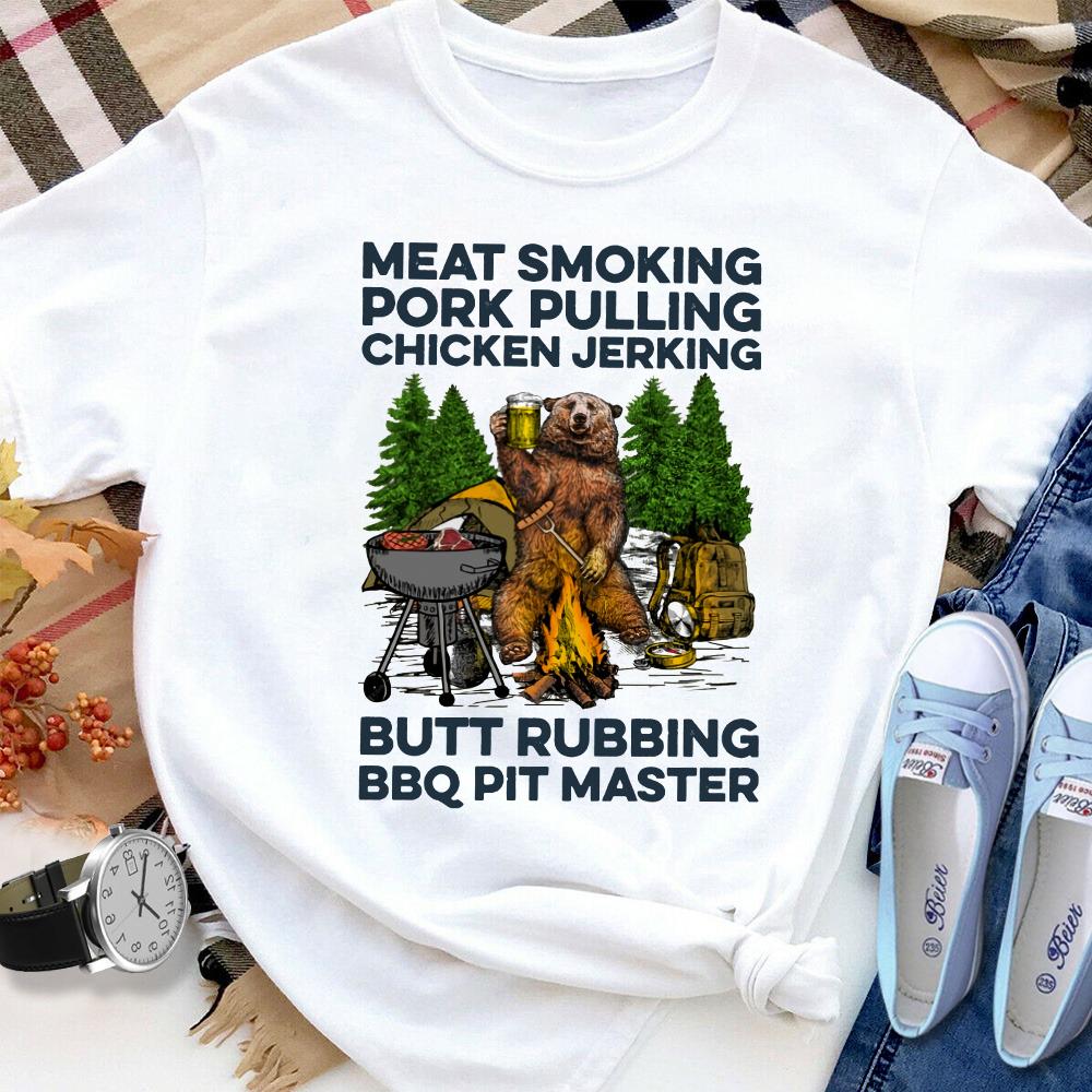 Bear Camping Meat Smoking Pork Pulling Chicken Jerking Women T Shirt White S-3XL