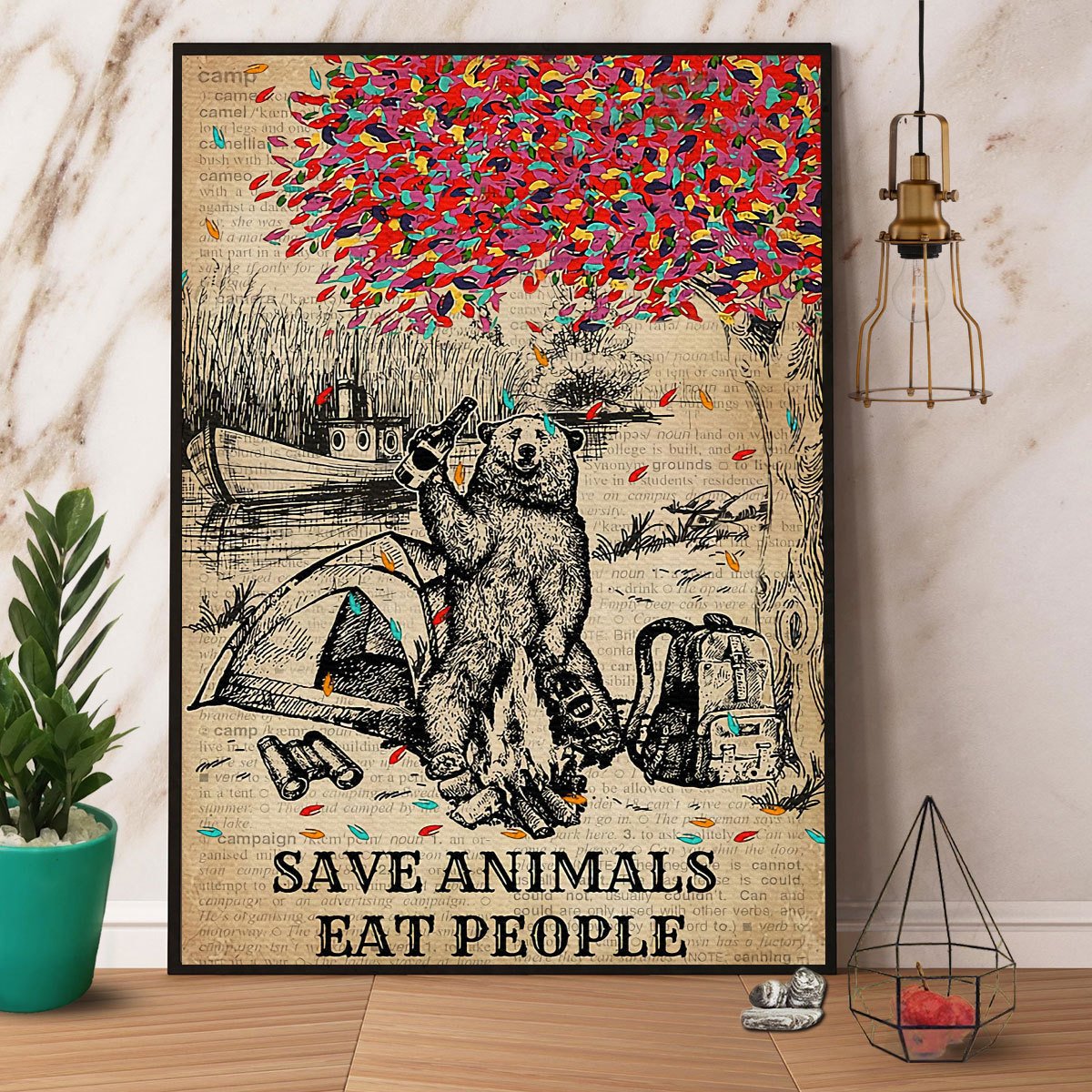 Bear Camping Save Animals Eat People Satin Poster Portrait No Frame