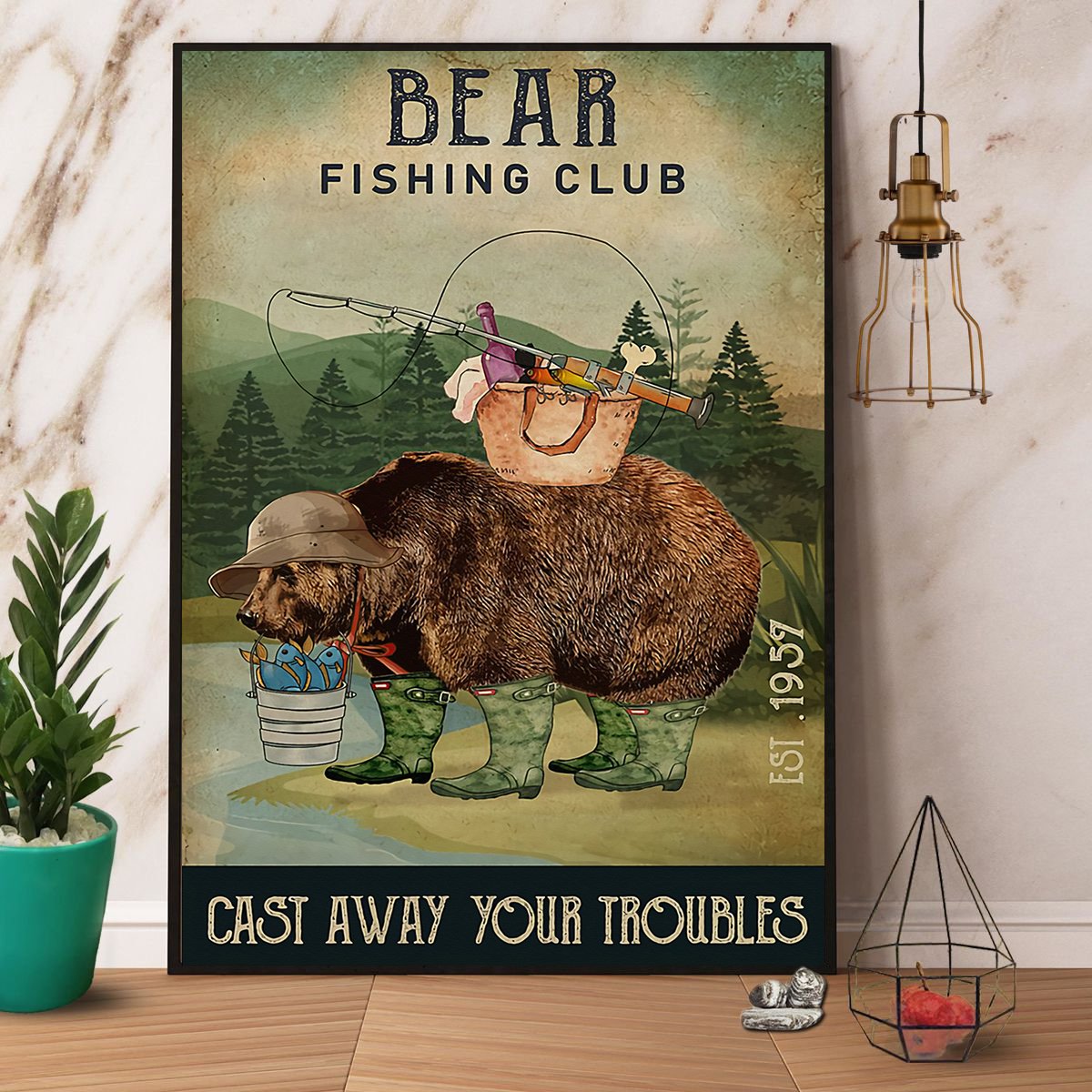 Bear Fishing Club Cast Away Your Troubles Satin Poster Portrait No Frame