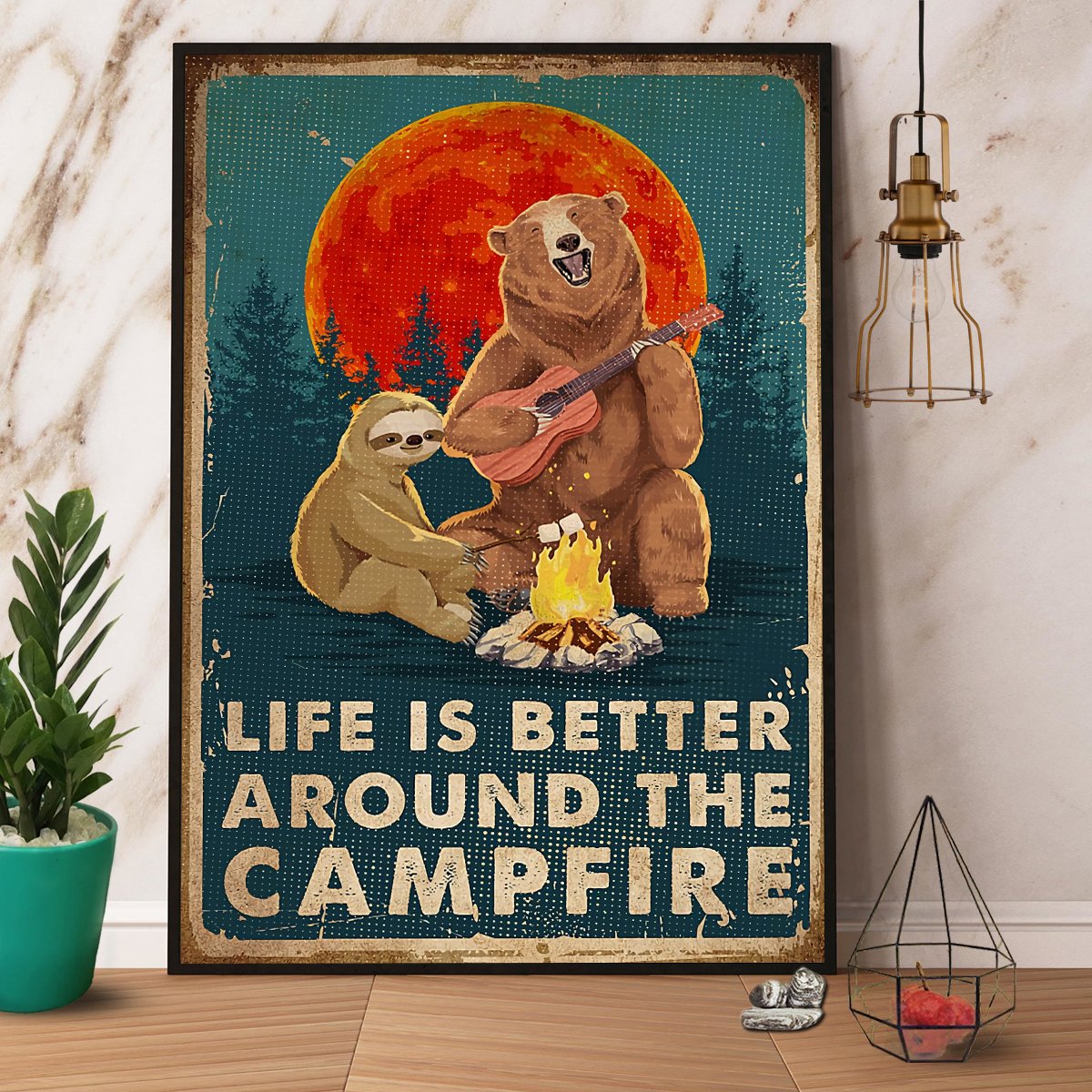 Bear & Sloth Camping Life Is Better Around The Camper Satin Poster Portrait No Frame