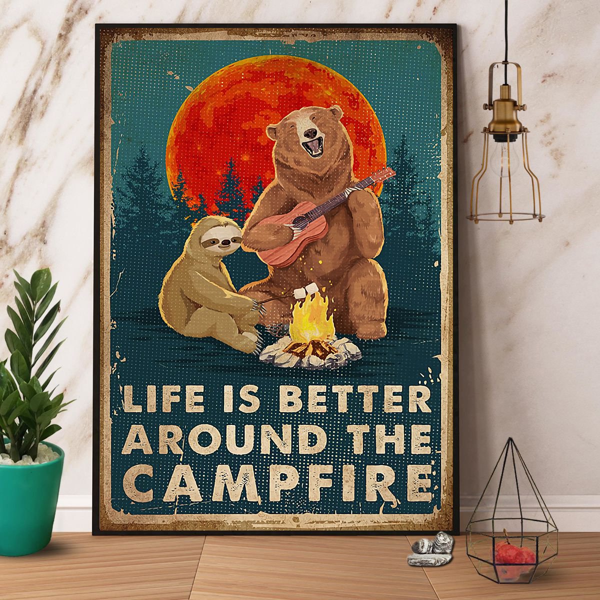 Bear & Sloth Camping Life Is Better Around The Campfire Satin Poster Portrait No Frame