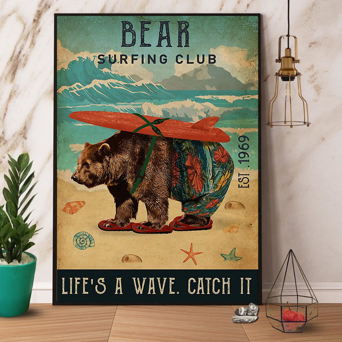 Bear Surfing Club Life'S A Wave Catch It Satin Poster Portrait No Frame