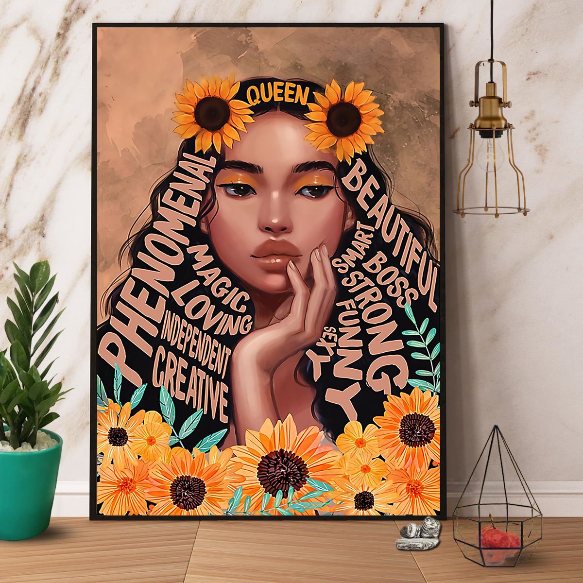 Beautiful Black Queen With Sunflower Satin Poster Portrait No Frame