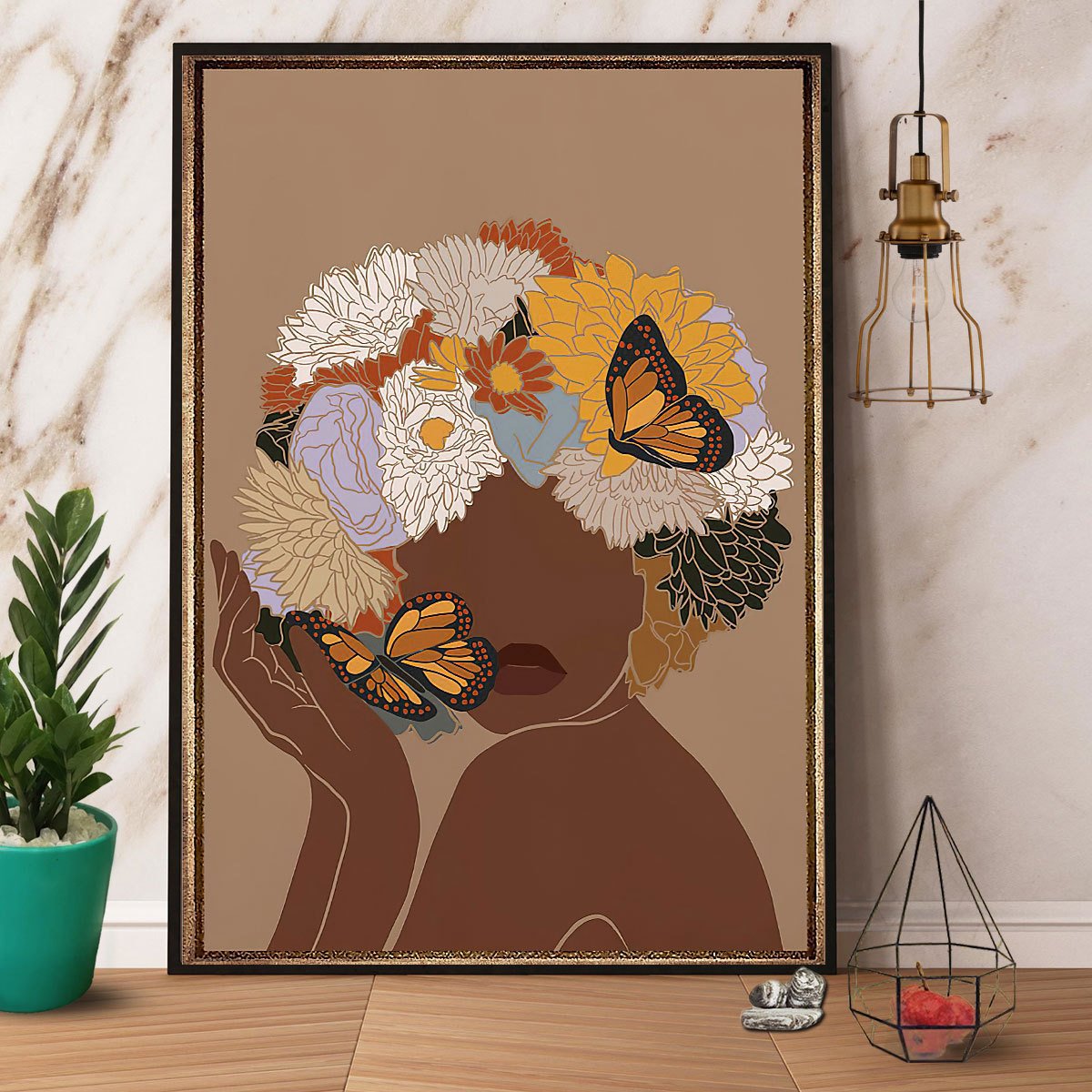 Beautiful Black Woman Butterfly Satin Poster Portrait No Frame