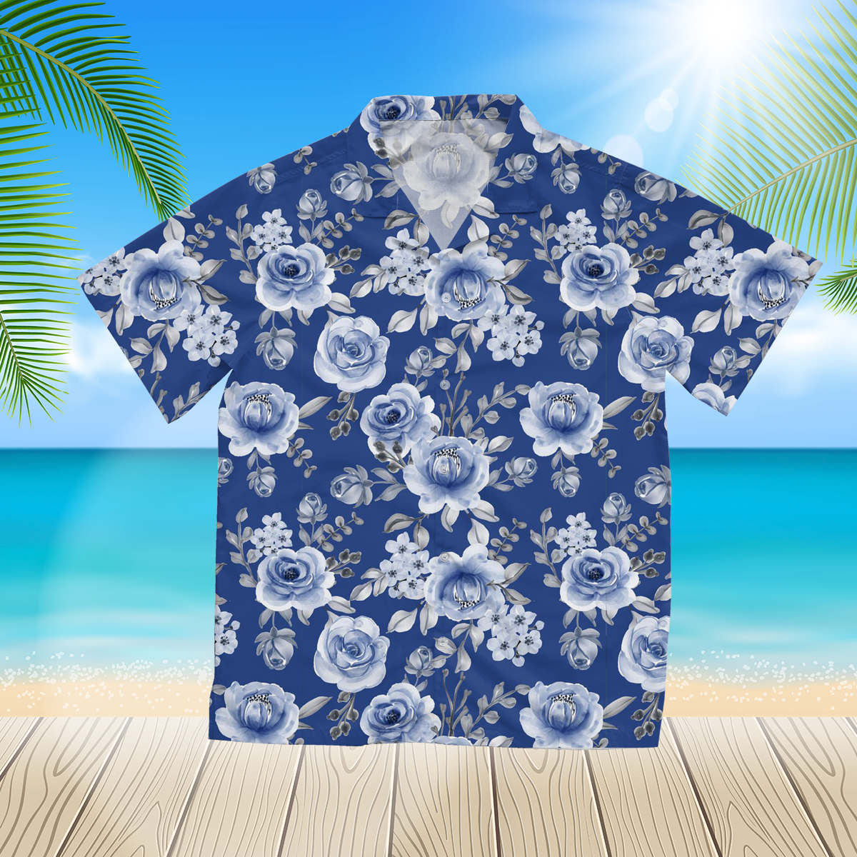 beautiful blue navy flower 3d hawaii shirt for Men