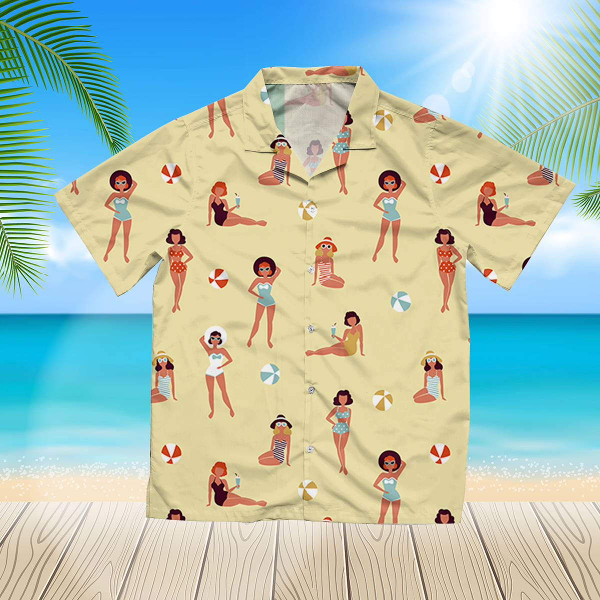 Beautiful girls on beach retro seamless pattern Red 3d hawaii shirt