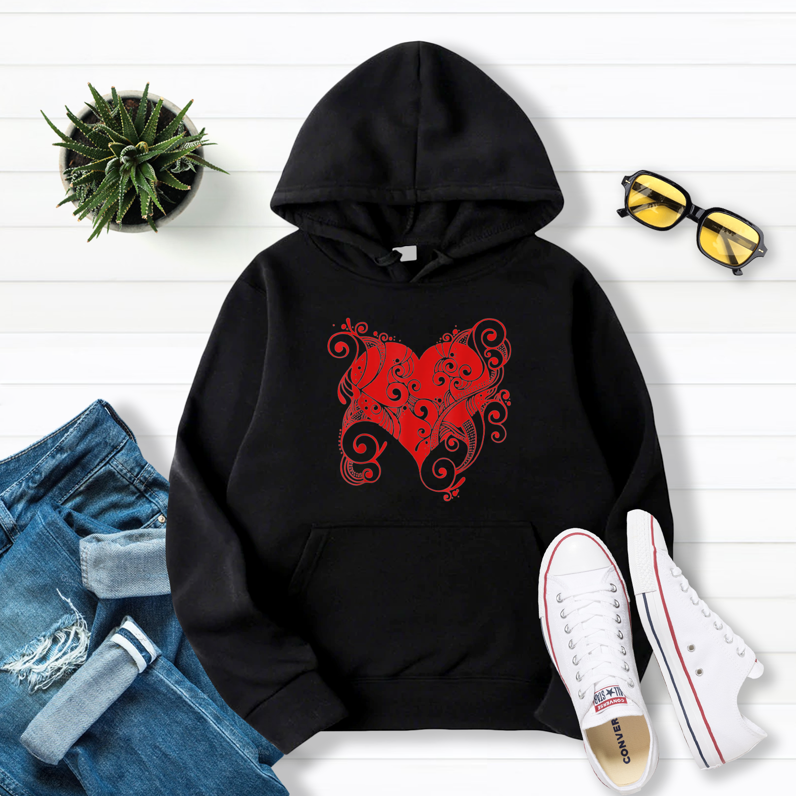 Beautiful Ornate Heart Valentine'S Day Hoodie Pullover Hoodie Black S-5Xl