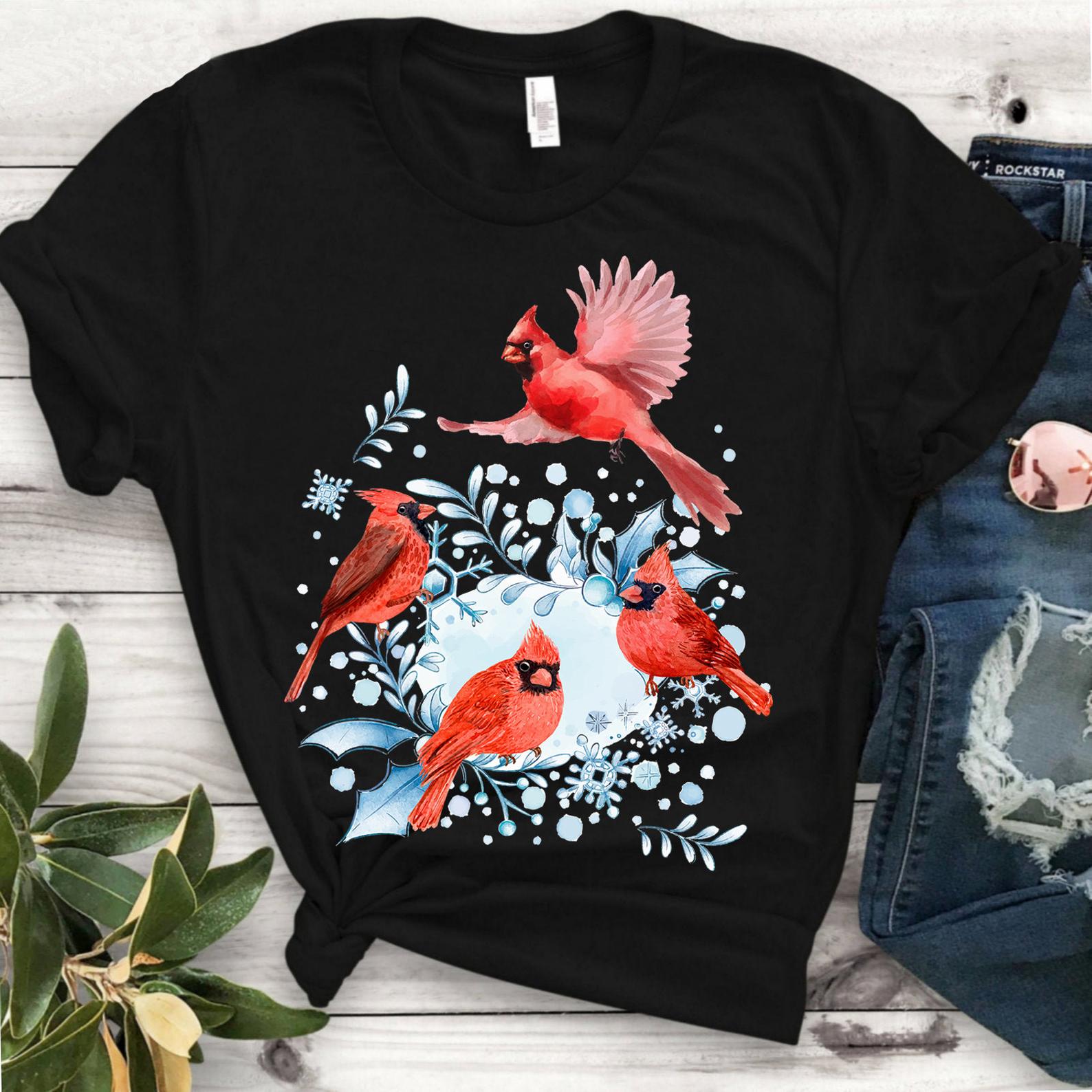 Beautiful Red Cardinal Birds T Shirt Black Unisex S-6XL