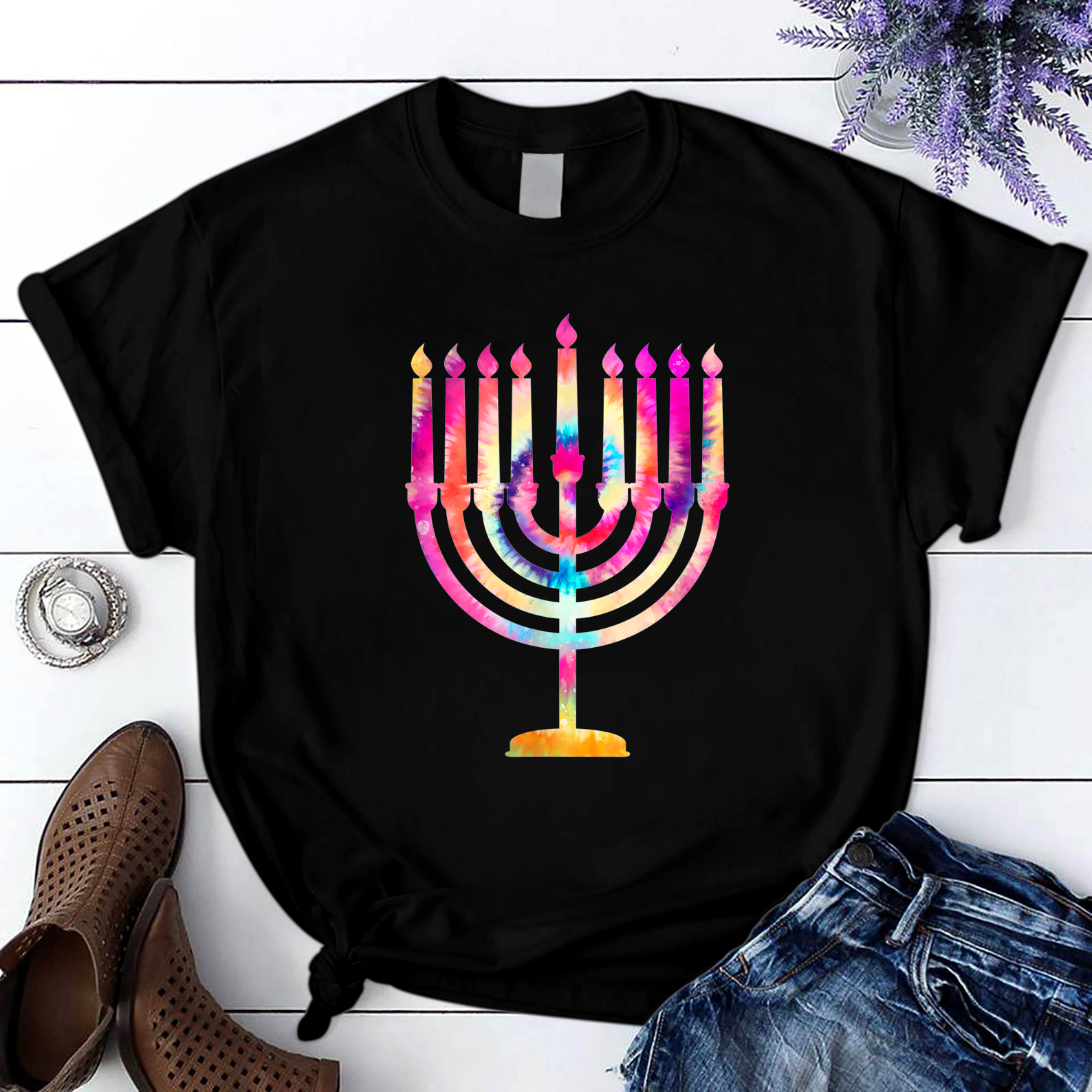 Beautiful Vintage Hanukkah Menorah Happy Hanukkah T Shirt Black Unisex S-6XL