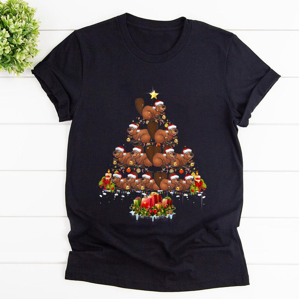 Beavers Christmas Xmas Tree Lights Santa Hat Candy Cane Happy Season T Shirt Black Unisex S-6XL