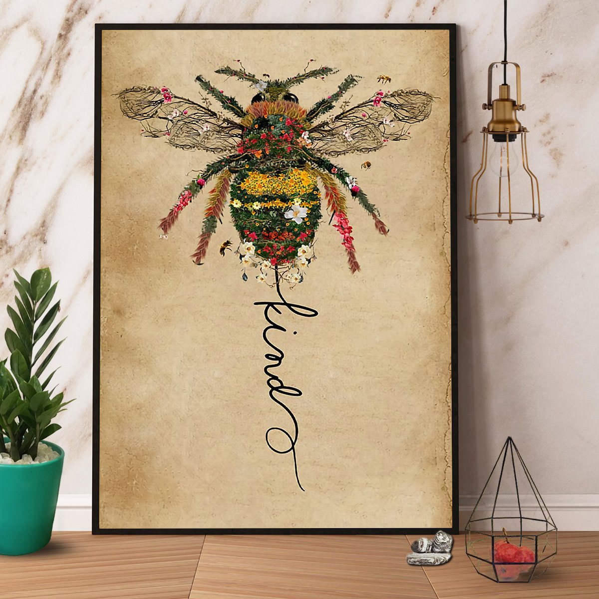 Bee Kind Floral Satin Poster Portrait No Frame