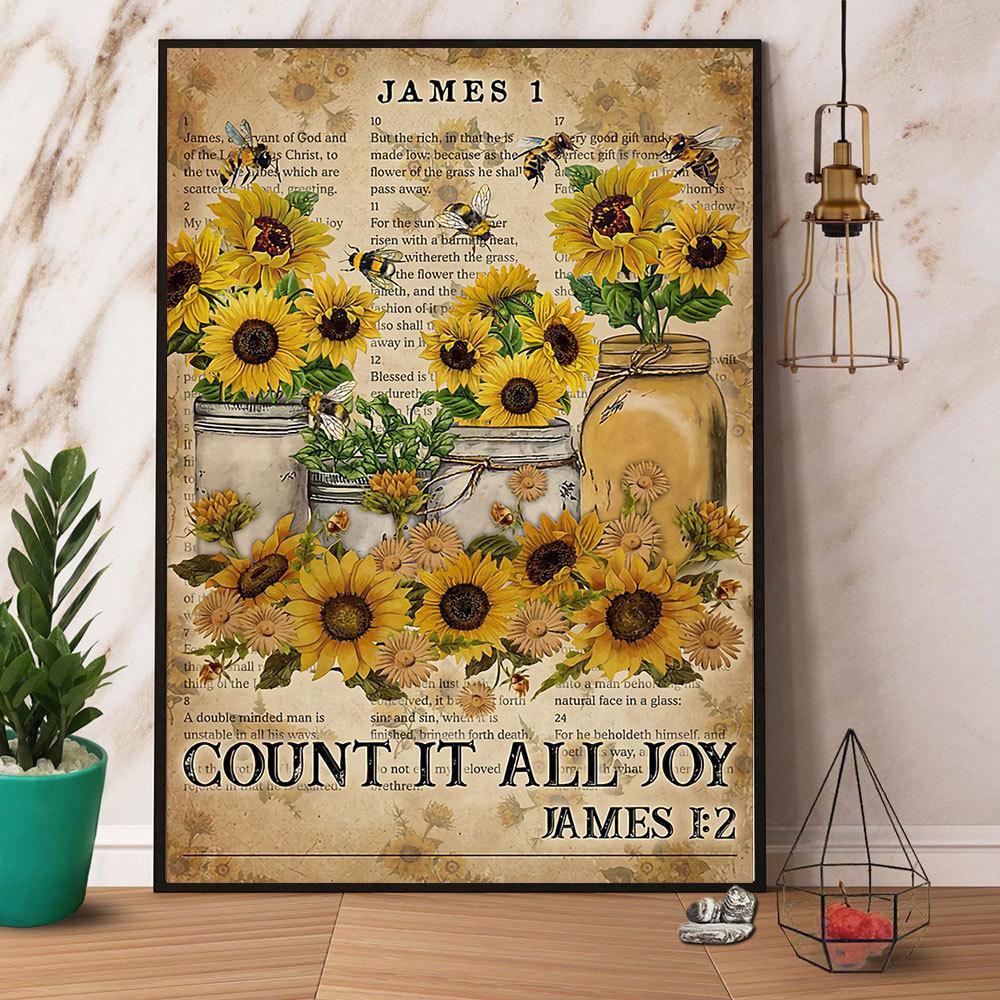 Bee & Sunflower Count It All Joy Satin Poster Portrait No Frame